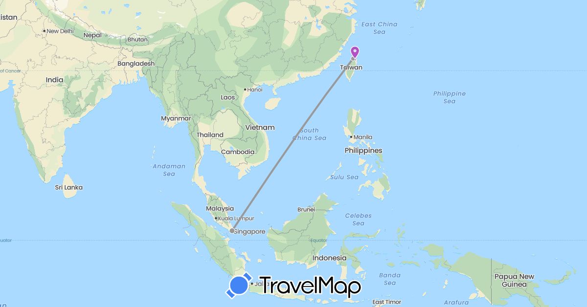 TravelMap itinerary: driving, plane, train in Singapore, Taiwan (Asia)